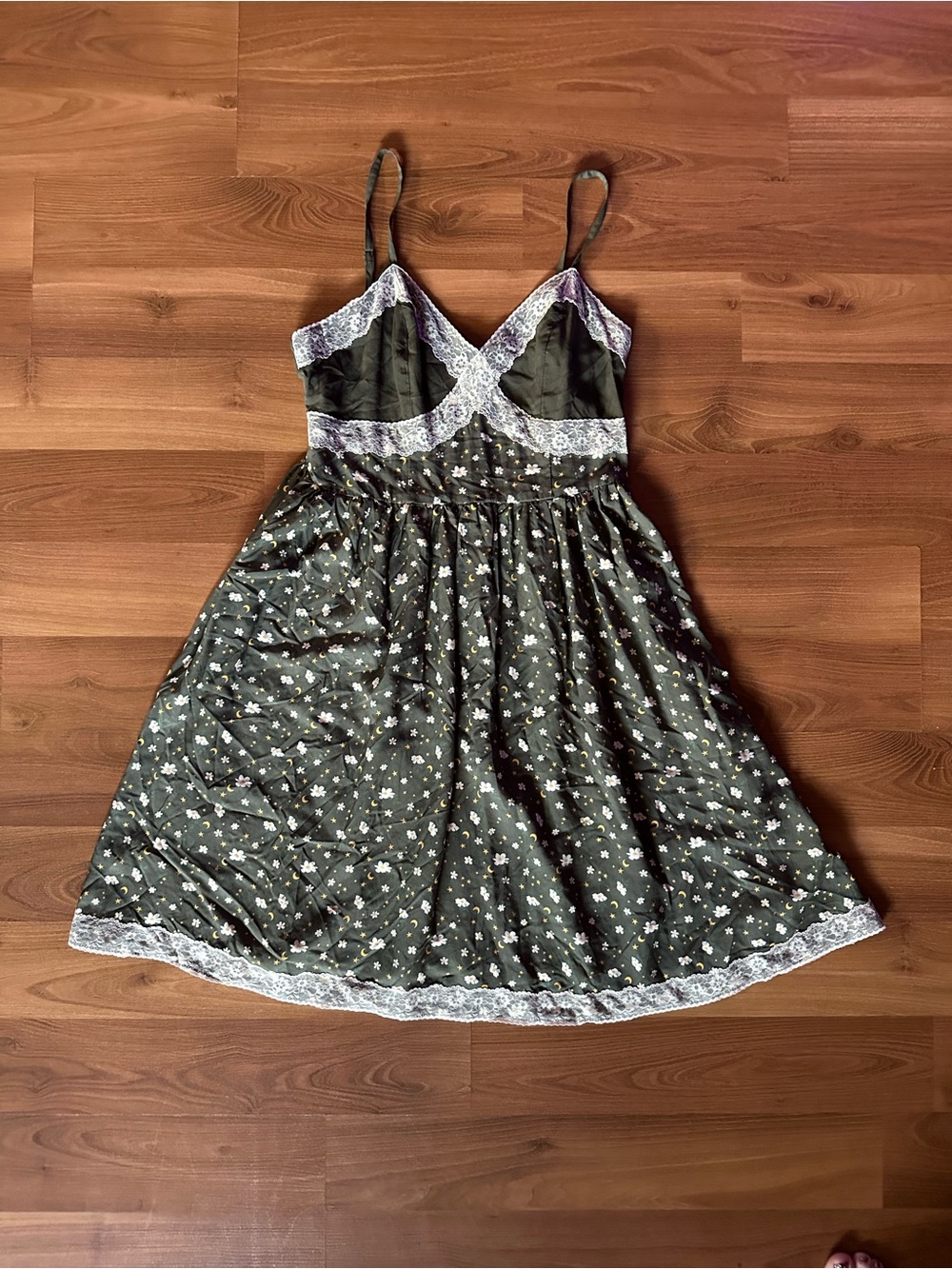 🆕 Olive Green Floral Lace-Trim Slip Spaghetti Strap Dress